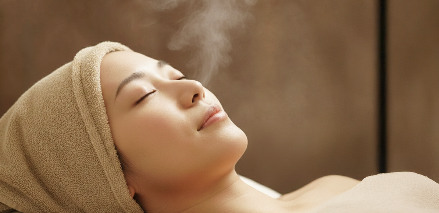 タオルを頭に巻き目を閉じて横になる女性、加湿蒸気を使ったフェイシャルエステを受けている様子