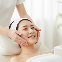 フェイシャルエステ乗せ術を受ける笑顔の女性の写真